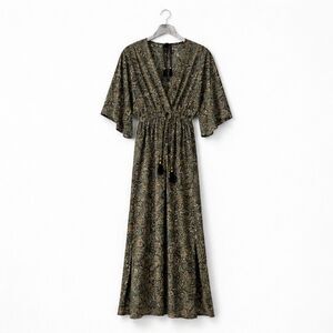 Silk Paisley Kimono Sleeve Maxi Dress Green Coastal Boho V-Neck Slit M/L